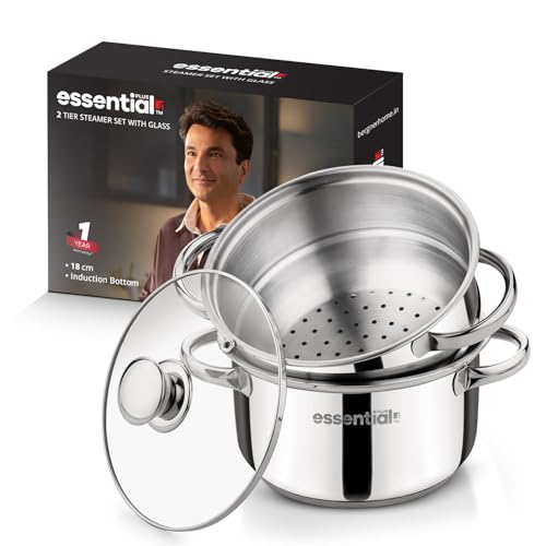 Image of Essential Plus Stainless Steel 2 Tier Steamer (18cm Dia) 2.5L, Multipurpose Pot, Stainless Steel Multi kadai, Even and Fast Heating, For Dhokla, Modak, Patra etc - Induction and Gas Stove Ready