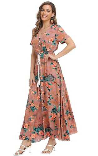 Image of VintageClothing Women's Floral Maxi Dresses Boho Button Up Split Summer Casual Long Dress Beach Party Dress