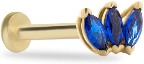 Lotus Stud Labret Cartilage Piercing Earring With Blue Zircons - 14K Solid Yellow Gold - For Helix Tragus Lobe Conch Flat & Other Body Piercing BY KORAL JEWELRY