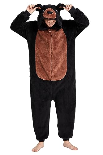 Loiahoer Unisexe Costume d'ours Onesie Pyjama Déguisement Peluche Ours Combinaison Pyjama,Animaux Carnaval Cosplay Costume de Halloween pour Femmes Hommes,Noir,S