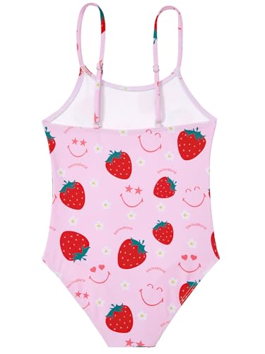 Image of Zando Girls Bathing Suit Size 8-10 - Cute Strawberry Smiley Face Bathing Suit, One Piece Kids Swimsuit with Adjustable Straps, Girls Swimsuit Size 10 for Summer Beach Vacation Swimming Course Wear