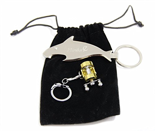 Mimilure Fishing Reel Keychain and Fish Style Beer Opener Keychain, Miniature Fishing Gift for Anglers (Trolling Reel+Fish Style A Keychain)