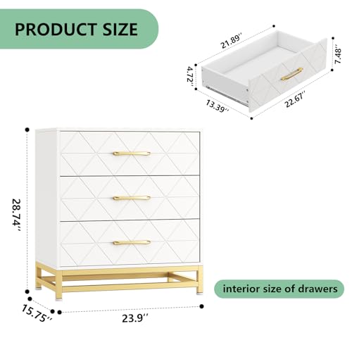 GarveeHome Wooden Dresser for Bedroom, Dressers & Chest of Drawers with 3 Drawer, Wood nightstand for Storage and Organization (White)