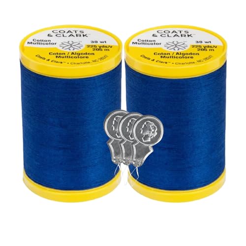 Coats & Clark Cotton All Purpose Sewing Thread 100% Mercerized Cotton 225 Yards Each Spool S970 2 Pack Bundle with 3 Bellas Crafts Needle Threaders (Yale Blue)