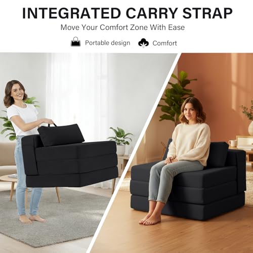 Image of Tiita Folding Sofa Bed Chair, 4-Fold Convertible Sleeper Chair with Lumbar Pillow, Washable Cover & Side Pocket, Floor Couch Bed with Raised Seat, Single Size for Small Spaces, Black