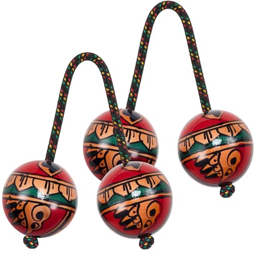 Meooeck 2 Pcs Wooden Hand Painted Kashaka Shaker Adjustable Length African Shakers Asalato Instrument Rhythmic Ball Kashaka Instrument Traditional Aslatuas Double Balls Hand Percussion for Lovers