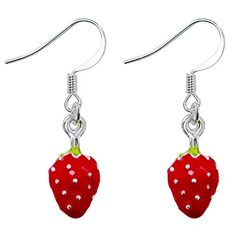 Treuheld | ERDBEEREN Ohrringe/Ohrhänger - süße Erdbeere Hänger fürs Ohr | Obst rot ausgefallene Ohrringe - Frucht FRÜCHTE Strawberry Rockabilly Damen Kostüm Karneval Fasching Edelstahl Silber