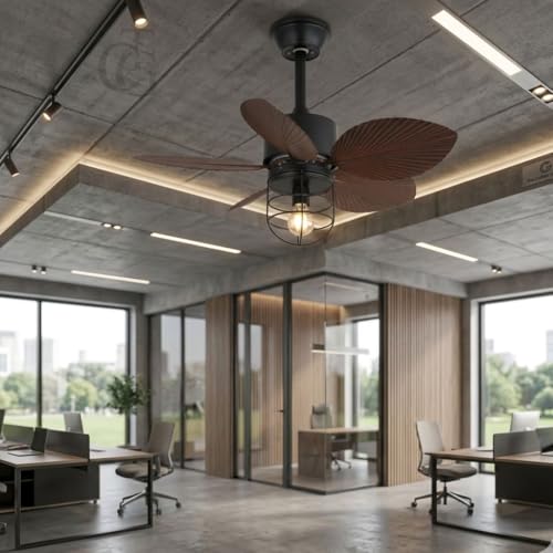 Image of Industrial Cage Ceiling Fan with Warm-White Light|Modern Wooden-Leaf Ceiling Fan with Metal Grill Lamp for Bedroom, Living Room & Cafe|Phoebe