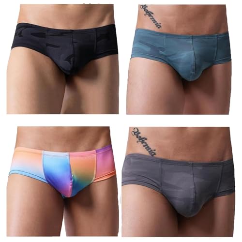 Faringoto Ropa interior sexy para hombre, cintura baja, estampada, con bolsa suave, sin costuras, transpirable, 3 camuflaje+arco iris, Small