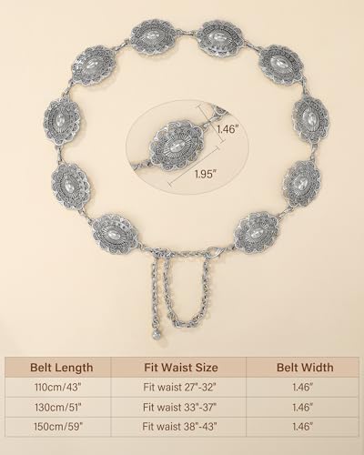 Image of LEACOOLKEY Western Concho Belt for Women Cowgirl Boho Waist Chain Belt for Dresses Jeans Pants