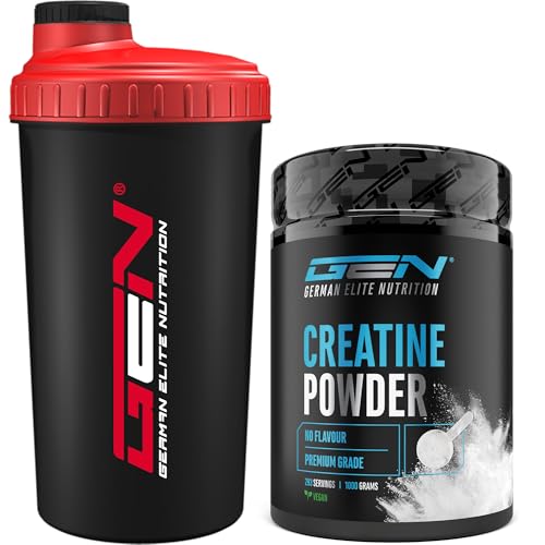 German Elite Nutrition Creatin Pulver 1kg + Shaker - Creatine Monohydrat Pulver - Optimale Löslichkeit & mikrofein - Vegan - 293 Anwendungen