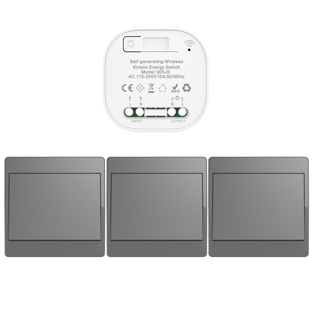 Cerhot Kit di interruttori cinetici senza fili autoalimentati grigi, interruttori di luce telecomandati RF, interruttore cinetico senza fili senza batteria, interruttori radio senza fili (Grigio 1Gang