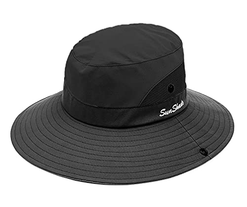 Womens Outdoor Sun Hat Breathable Packable Boonie Wide Brim Bucket Cap Fishing Hiking Ponytail Hole (Pure Black) #TOP2
