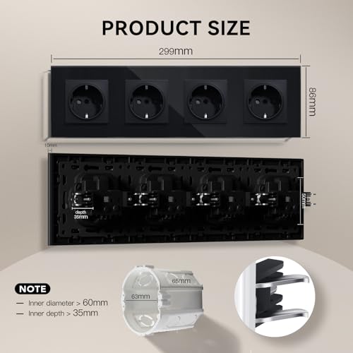 BSEED Steckdose aus Glas, EU-Standard Wandsteckdose mit Krallen, Einbausteckdose mit Kindersicherung, Einfach Montage, Neu E-Serie, 16A 250V,4 Fach,299mm Schwarz
