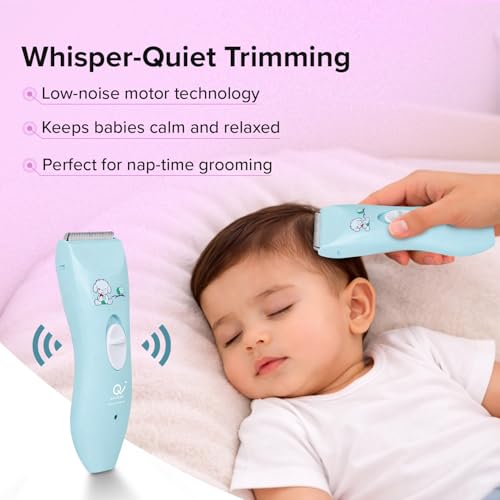 Image of Q DEVICES Electric Hair Trimmer for Children - Ultra Quiet Low Noise Kids Hair Clippers - Waterproof & USB Rechargeable Cordless Baby Haircut Kit with 4 Length Combs - Blue