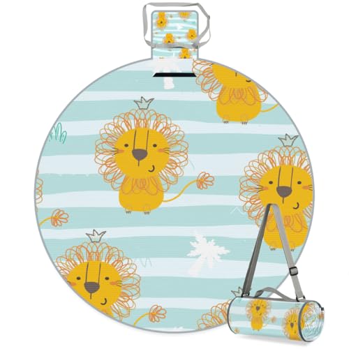 Shimoshe Striped Background Lion Picnic Outdoor Blanket Foldable Waterproof Sandproof Beach Blanket Portable Water-Resistant Round Picnic Mat for Travel Camping Park Lawn