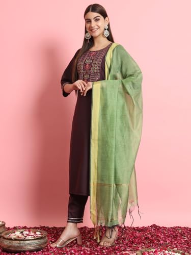 Image of VredeVogel Women's Silk Blend Embroidered Kurta with Pant & Viscose Print Dupatta Set