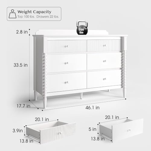 Image of JOINICE White Nursery Dresser for Kids Bedroom, 6 Drawers for Storage | Jenny Lind Spindle Legs Dresser, Baby Clothes Organizer for Toddlers, Children's Room, Anti-tip Kit for Safety