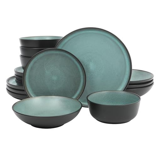 Image of Gibson Elite Tribeca Loft 16-Piece Dinnerware Set - Matte Black and Green Reactive Glaze Stoneware, Double Bowl Round Plates and Bowls - Modern Rustic Tableware for 4, Dishwasher & Microwave Safe