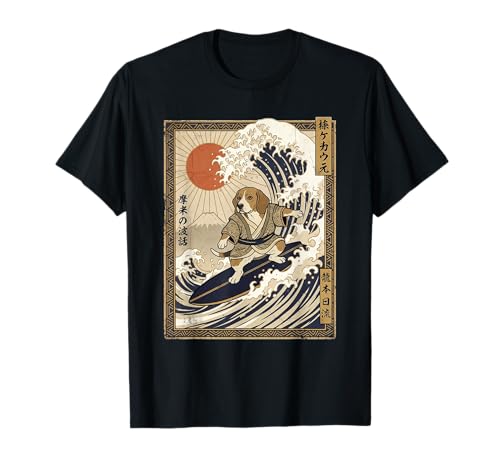 Beagle Japanese Surfing Kanagawa Wave Funny Samurai Dog T-Shirt