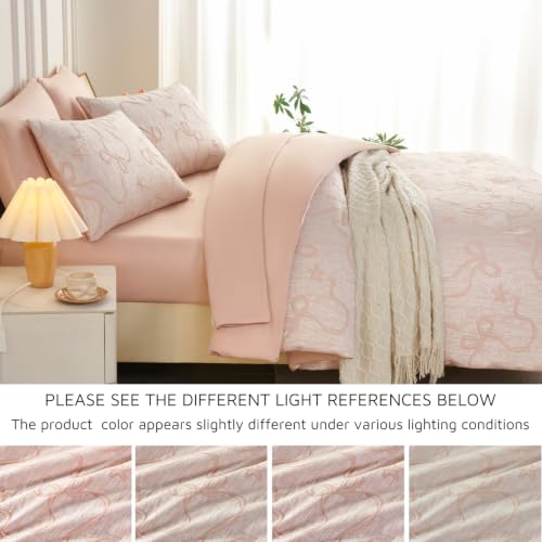 Image of PERFEMET Blush Pink Twin Comforter Set, 5 Pieces Cute Bow Jacquard Girls Bedding Twin Bed in a Bag, Soft All Season Vintage Embossed Bowknot Bedding Comforter Set Boho Bedroom Sets