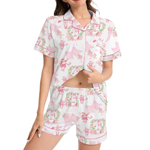 Image of Ammiko Womens Pajamas Set Y2k Loungewear Pajama Button Down Top and Shorts Monkey Beach Short Sleeve Sleepwear Preppy