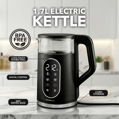 Image of OVENTE 1.7L Electric Kettle with Digital Touchscreen, 1500W, Black KD96B | Fast-Boiling Water Heater, Double-Wall Cool-Touch, 5Hr Keep Warm, Auto Shut-Off, Boil-Dry Protection, Borosilicate Glass