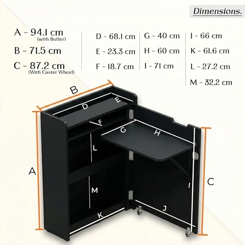 Image of Klaxon Foldable Study Table with Drawer & Storage Shelf | Compact Desk for Home & Students | Folding Design with Lockable Wheels. (Black, DIY Installation) (Black, Heli)