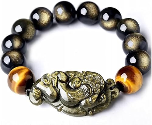 Bracelet en Obsidienne Noire Feng Shui et œil de tigre réglable 10mm