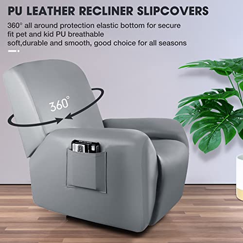 Pu Leather Recliner Slipcovers With Pockets，4 Pieces Waterproof Stretch Recliner Chair Covers，Washable Furniture Protector With Anti-Slip Elastic Strap Shield For Pets Kids Children Pets (Gray) #TOP1