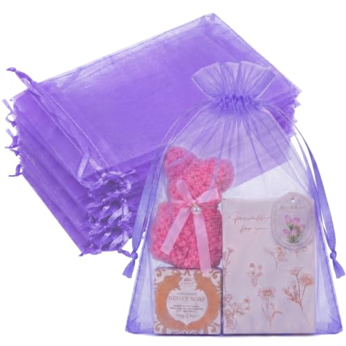 Image of Crweety 50PCS Organza Bags 8x12 Large Purple Gift Bags Mesh Drawstring | Party Favor Goodie Bag Bulk, Jewelry Sachet Candy Treat Soap Makeup Pouches, Wrap for Wedding Baby Shower Birthday Halloween
