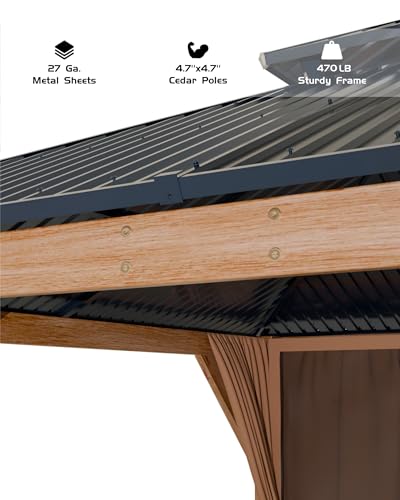 Hardtop Wood Gazebo 12'x16' for All Weather, with Double Metal Roof, Heavy Duty Wooden Frame, Net, and Curtain, Permanent Building for Patio, Deck, Backyard, Lawn, and Garden, Khaki