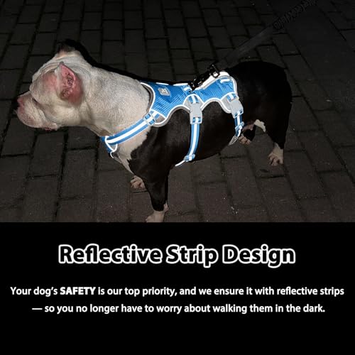 Image of Huntboo Escape Proof Dog Harness, Escape Artist Harness, Reflective Harness with Padded Handle, Breathable, Durable, Adjustable Vest for Medium Dogs Walking, Training, and Running Gear (Blue, M)