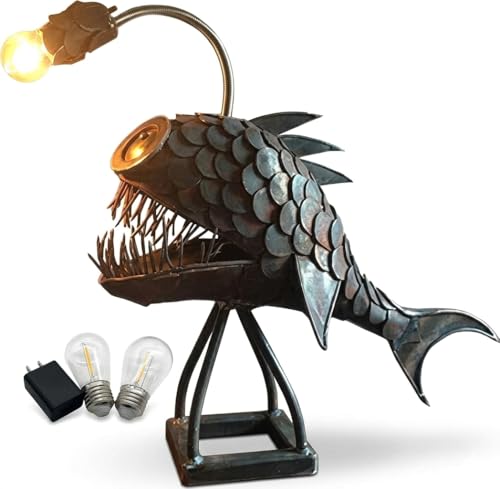 VUFVOID Anglerfish Lamp - Steampunk Industrial Desk Lamp with 2 Replacement Bulbs & USB Plug Retro Metal Shark Fish Art Figurine Creative Night Light for Office Man Cave Gift for Geeks (Piranha)
