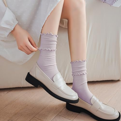 Image of zrylibya Women Cute Ruffle Frilly Socks Solid Candy Color Casual Rib Knit Crew Socks 4 Pairs (Black,White,Purple,Green)