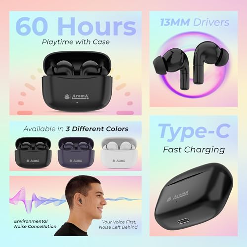 Image of AROMA TWS22 Zivo V5.4 True Wireless Earbuds, Punk Black | up to 60H Playtime, ENC, Fast Charging, Heavy Bass, Bluetooth