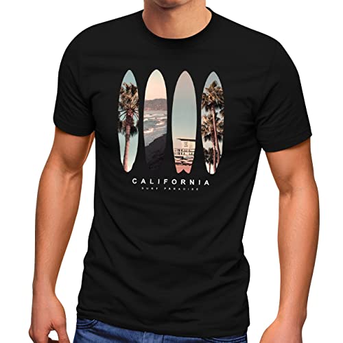 Neverless® Herren T-Shirt California Surf Paradise Surfboards Grafik Foto Print Kalifornien USA Amerika Sommer Fashion Streetstyle schwarz L
