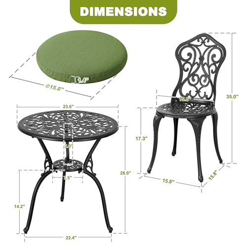 Image of NUU GARDEN Patio 3-Piece Bistro Set with Cushions, Patio Chairs and Outdoor Round Table with Umbrella Hole, Cast Aluminum Patio Set for Lawn, Garden, Porch, Poolside, Black