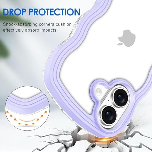 Image of GoldKart iPhone 17 Case Wavy Edge Clear Back Design, Anti-Slip Grip Cute Wave Curly Frame Shape Shockproof Soft TPU & Hard PC Bumper Protective Phone Case Cover for Women Girls - Purple