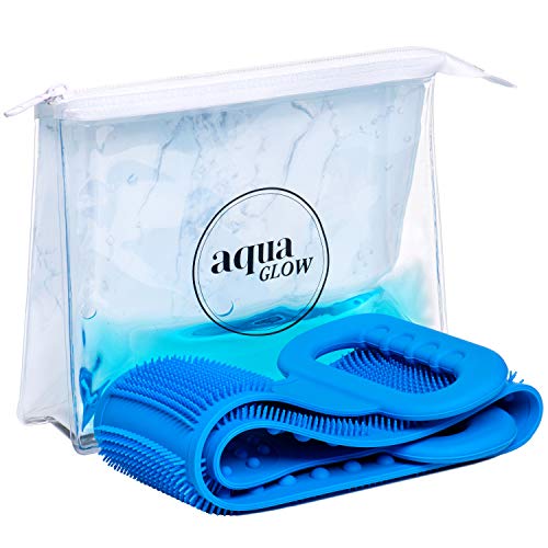 Aqua Glow silicone back scrubber with travel case | reduce appearance of acne | silicone body scrubber for men & women | shower scrubber for body 27.5 x 4.7 INCH