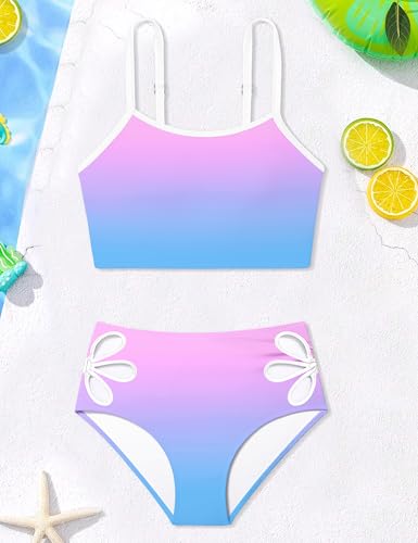 Image of Girls Tankini Swimsuit 2 Piece Bathing Suit Twist Cross Back Cutout Swim Tank Top Floral Print Swimwear for 7-18Y
