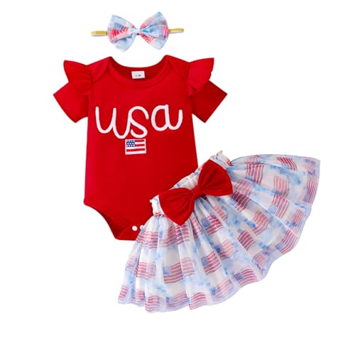 4th of July Baby Girl Outfits Summer Clothes Newborn Ruffled Romper American Flag Dress with Bow Headband 0-18 Months