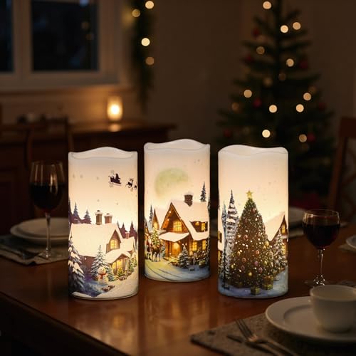 Image of GenSwin Christmas Flameless Candles with Remote Timer, Set of 2 Christmas LED Battery Operated Pillar Candles with Snow House, Santa, Reindeer Decals for Holiday Winter Party Home Decor(D3 inch x H6 inch)