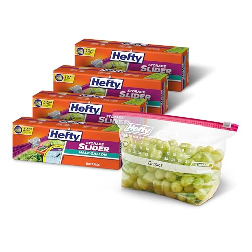 Hefty Calendar Slider Half Gallon Storage Bags 32 Count (Pack of 4) Half Gallon Slider Bags with Calendar Dates Holds Raw Meat Breads Fruits and Veggies Zip and Click Closure 128 Total Count