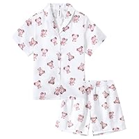 Ewbob Girls Silk Satin Pyjamas Set Short Sleeve Button-Down Kids PJs Breathable Soft Nightwear Children Sleepwear Age 5-14(C9-002)-Beige Bear-7-8Y