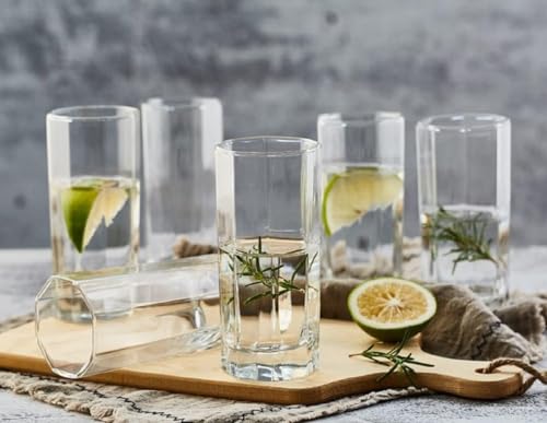 Image of Juice Water Glasses Set of 6,300ml, Transparent Stylish Long Glass Tumbler Plaza High Ball Octagonal Glass (AH-, 6)