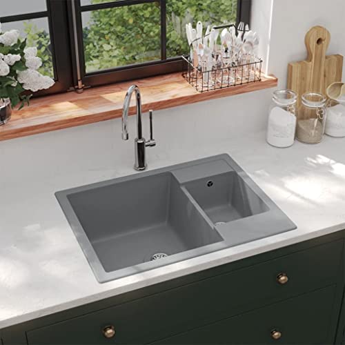 Mokuyard Fregadero de Cocina Doble Seno con rebosadero Granito Gris Fregadero de Cocina,Fregadero de Granito para a Partir Mueble Bajo