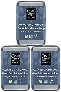 One With Nature Activated Charcoal Soap 4oz 3-Pack – Detoxifying and Exfoliating Charcoal Soap Bar with Dead Sea Salt for Face & Body, for Men & Women