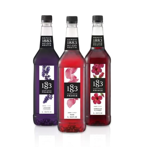 Image of 1883 Lavender, Rose, Hibiscus Syrups (Floral Flavors) for Coffee & Drinks - 1 Liter Plastic Bottles (Pack of 3)