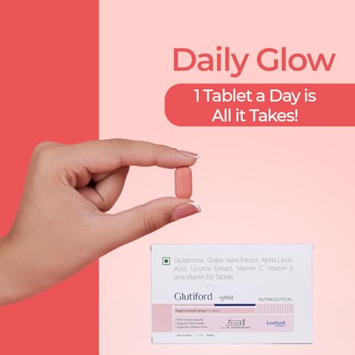 Image of Glutiford Tablets with Glutathione, Grape Seed, Vitamin C & E For Skin Glow, Hydration & Radiance | Daily Skin Nutrition & Antioxidant Support for Smoother, Even-Looking (Pack of 3, 10Tab Each)